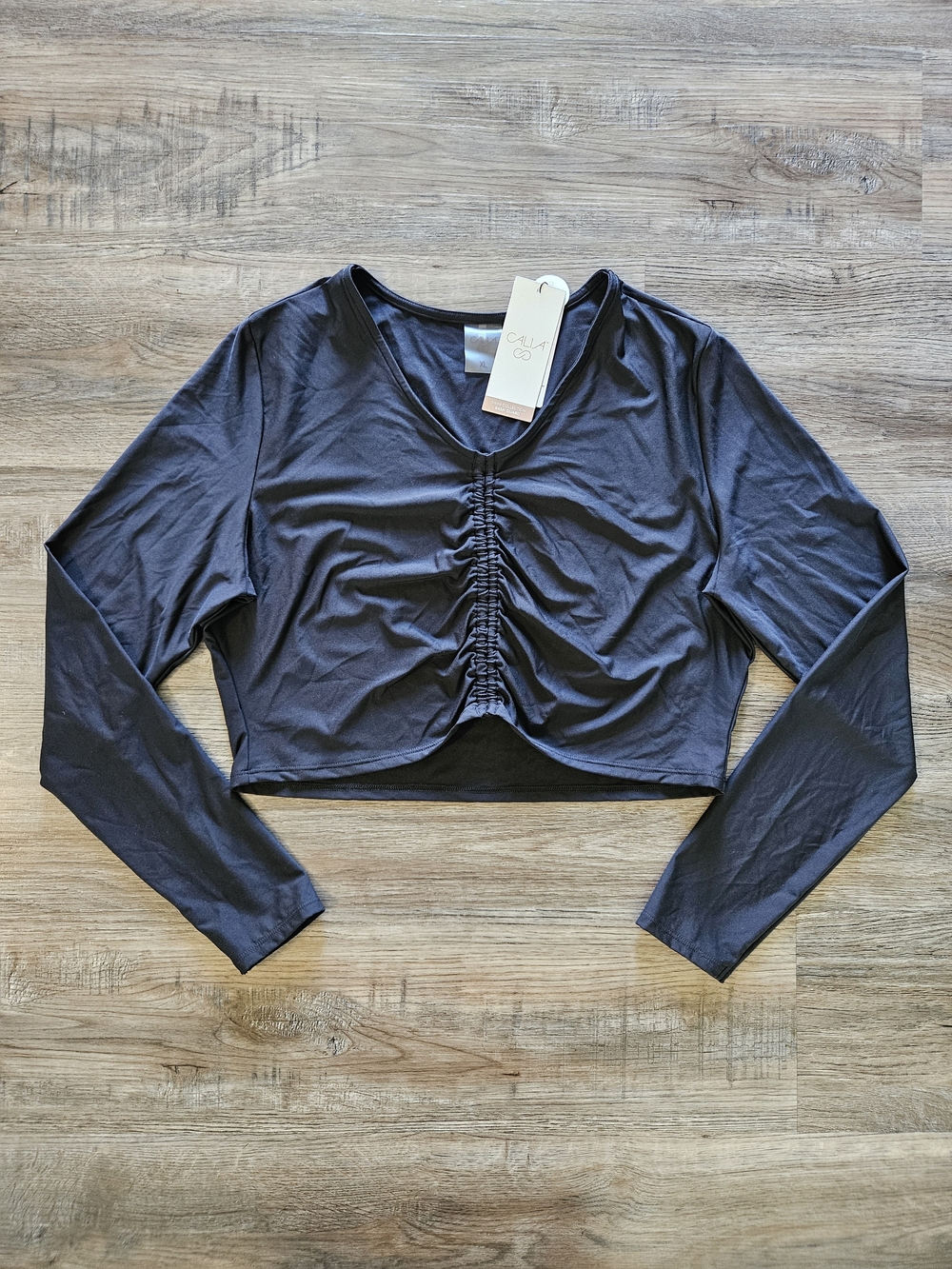 Calia By Carrie Underwood Black Long Sleeve Ruched Cropped‎ Swim Rashguard